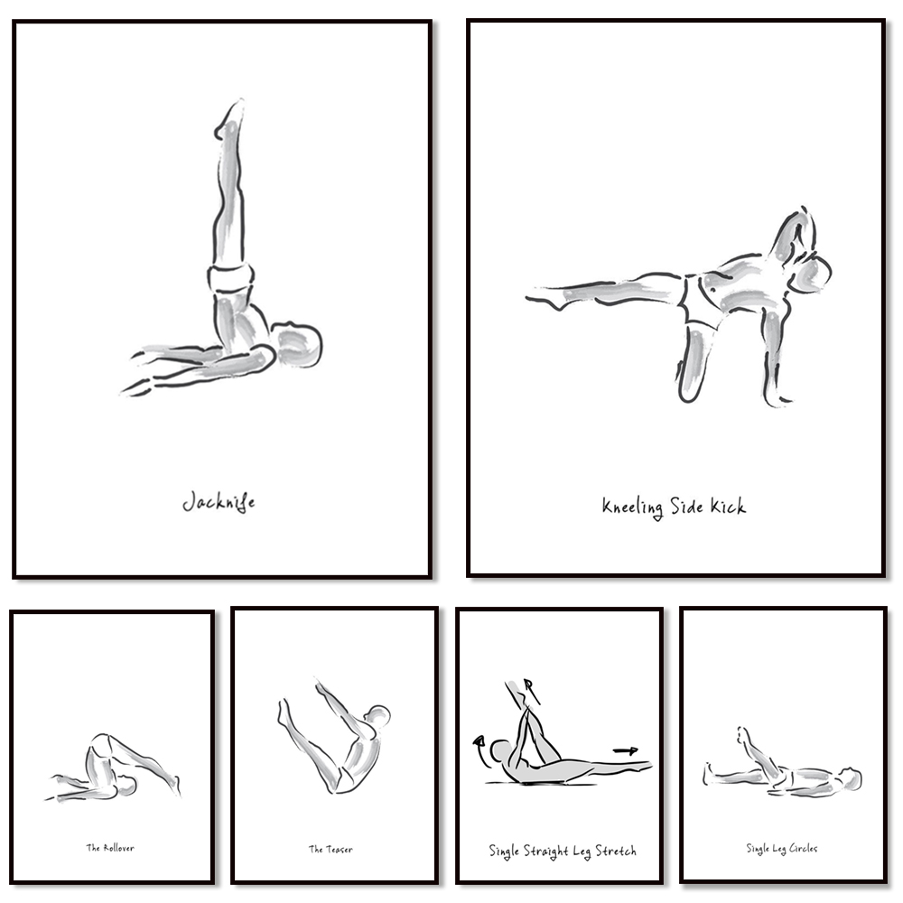 Pilates Yoga Gifts - Pilates-oefeningen in zwart-wit infographics, Joseph Pilates